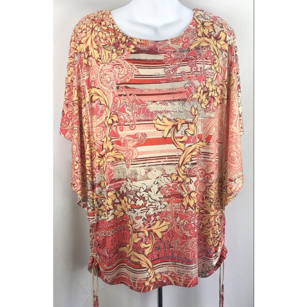 Vinatage Flowy Top XL Multi Floral psychedelic Butterfly Sleeves Ruched Ties